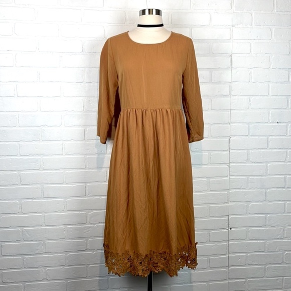 Anthropologie Polagram Boho Golden Yellow 3/4 Sleeve Lace Trim Midi Dress S